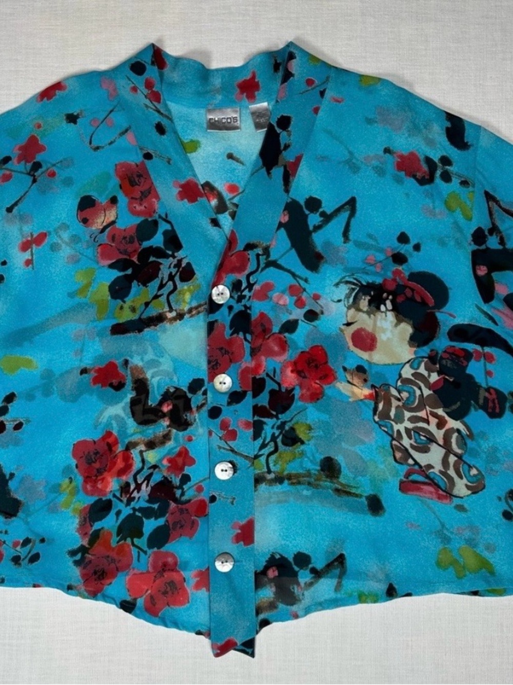 Vintage Chicos 100% Silk Geisha Portrait Art To Wear Novelty Blouse Size 3/XL - Picture 5 of 12